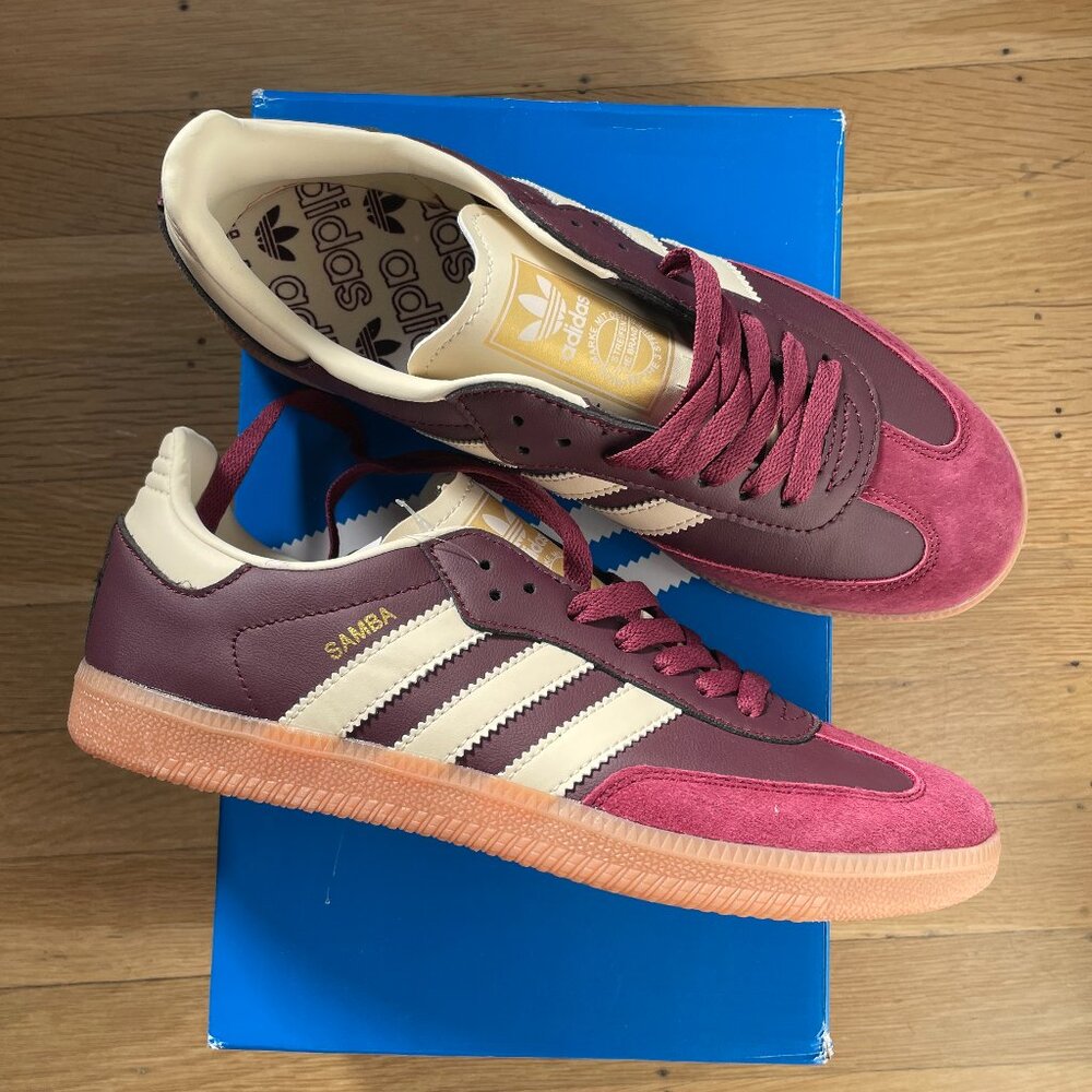Brand New, Never Worn, Adidas Samba OG in Burgundy and Gold